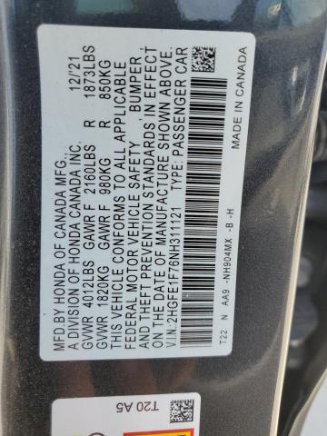 2HGFE1F76NH311121 - 2022 HONDA CIVIC EX GRAY photo 13