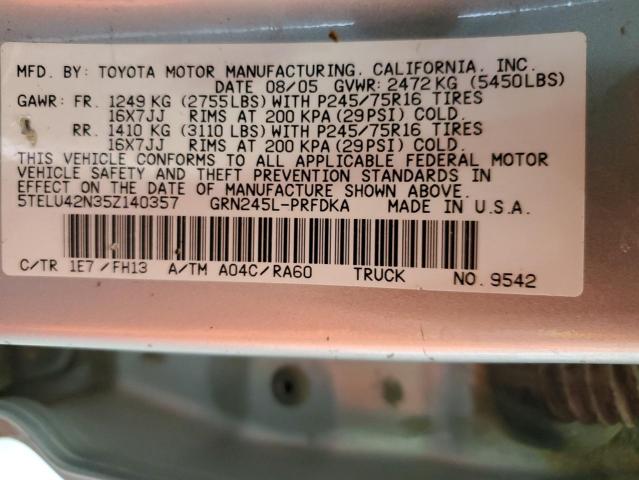 5TELU42N35Z140357 - 2005 TOYOTA TACOMA DOUBLE CAB ვერცხლისფერი ფოტო 13