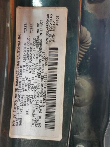 5TEGN92N94Z344333 - 2004 TOYOTA TACOMA DOUBLE CAB PRERUNNER GREEN photo 12