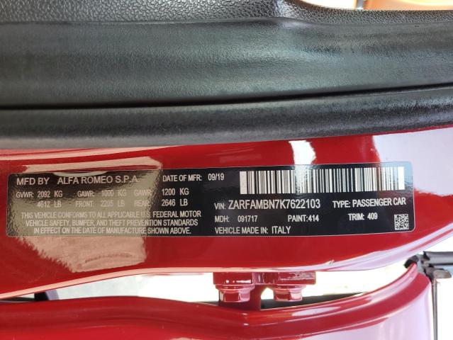 ZARFAMBN7K7622103 - 2019 ALFA ROMEO GIULIA TI Կարմիր լուսանկար 12