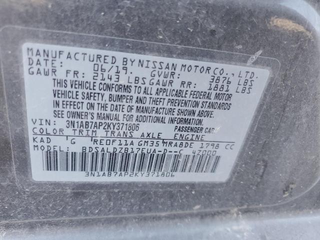 3N1AB7AP2KY371806 - 2019 NISSAN SENTRA S ნაცრისფერი ფოტო 12