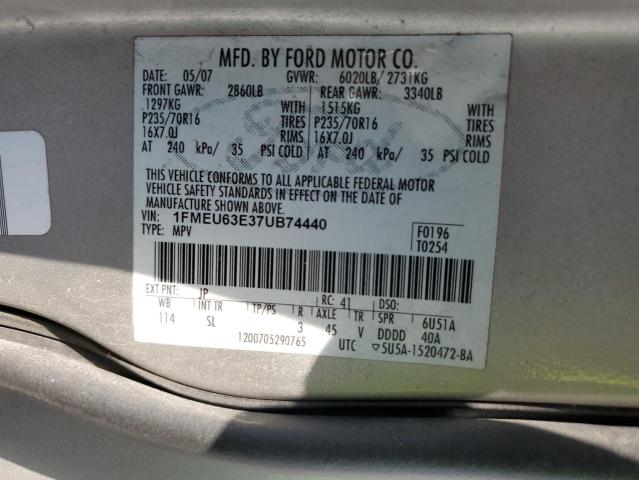 1FMEU63E37UB74440 - 2007 FORD EXPLORER XLT SILVER photo 12