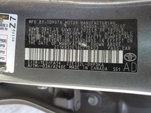 2T1KR32E18C710423 - 2008 TOYOTA COROLLA MA XR GRAY photo 12