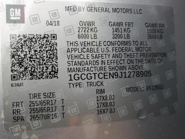 1GCGTCEN9J1278905 - 2018 CHEVROLET COLORADO LT SILVER photo 12