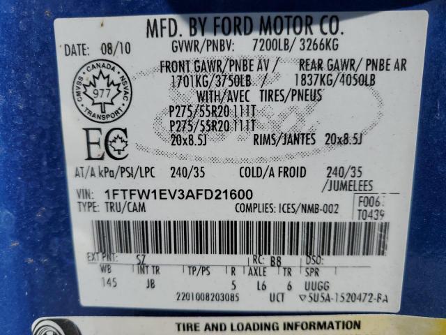 1FTFW1EV3AFD21600 - 2010 FORD F150 SUPERCREW BLUE photo 13