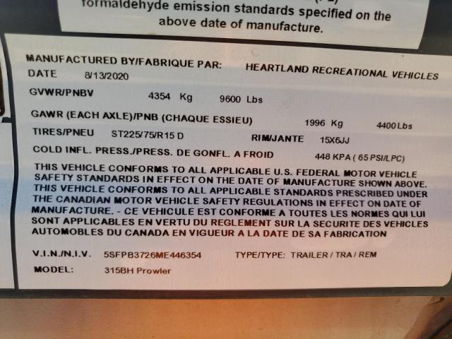 5SFPB3726ME446354 - 2021 HEART LAND PROWLER 双色 照片 10