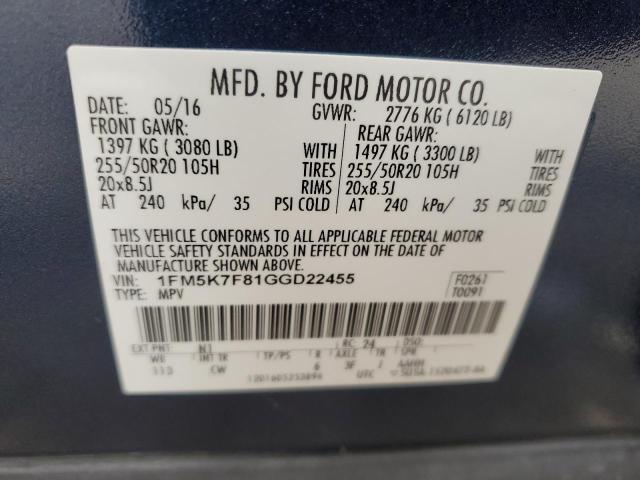 1FM5K7F81GGD22455 - 2016 FORD EXPLORER LIMITED BLUE photo 14