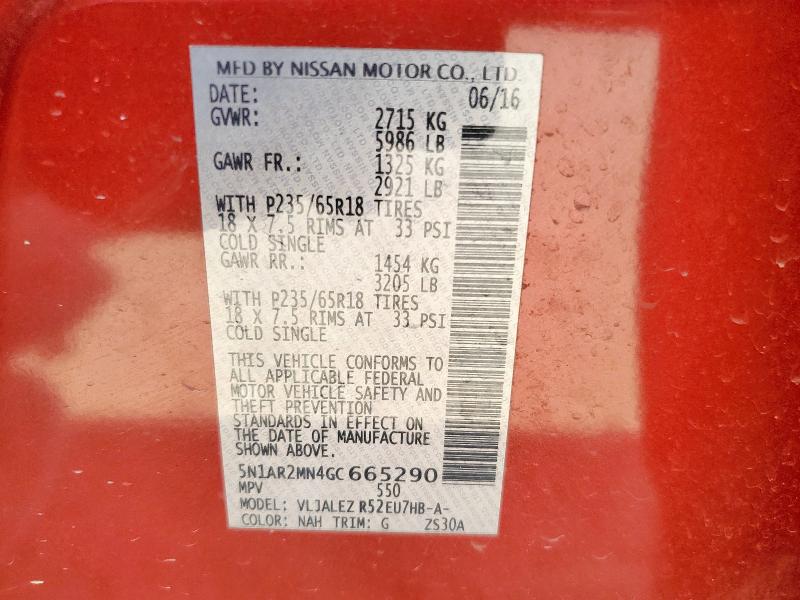 5N1AR2MN4GC665290 - 2016 NISSAN PATHFINDER S 勃艮第红 照片 13