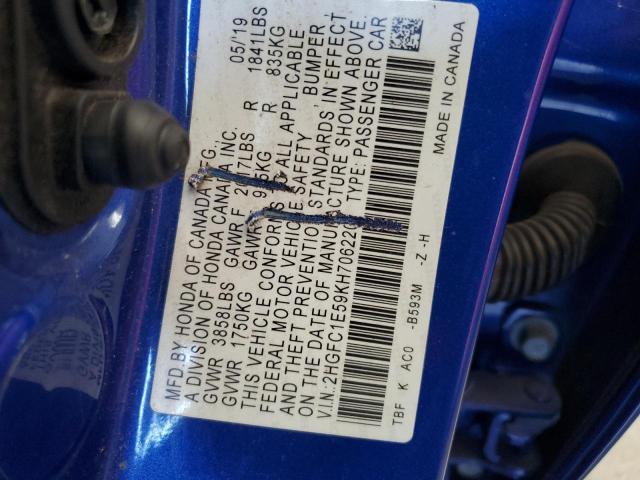 2HGFC1E59KH706220 - 2019 HONDA CIVIC SI BLUE photo 12