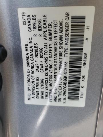 2HGFC4B86KH303568 - 2019 HONDA CIVIC SPORT ვერცხლისფერი ფოტო 12