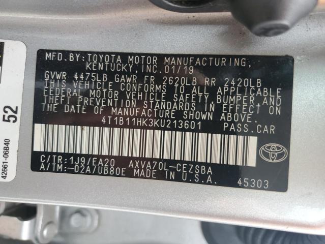 4T1B11HK3KU213601 - 2019 TOYOTA CAMRY L SILVER photo 12