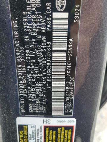 4T1BE46K38U787648 - 2008 TOYOTA CAMRY CE BLACK photo 12