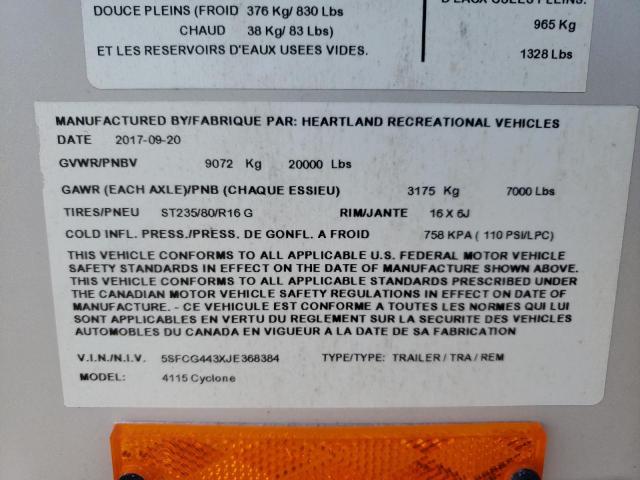 5SFCG443XJE368384 - 2018 HEARTLAND CYCLONE 白色 照片 10