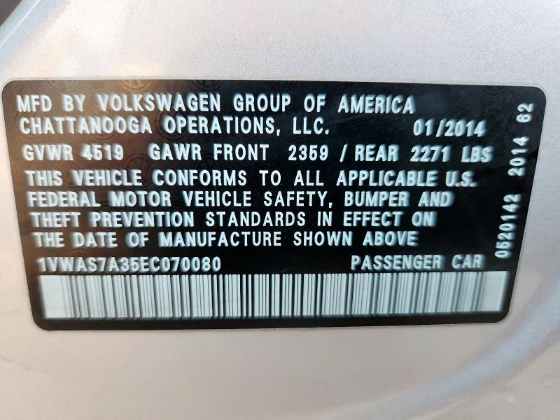 1VWAS7A35EC070080 - 2014 VOLKSWAGEN PASSAT S SILVER photo 12