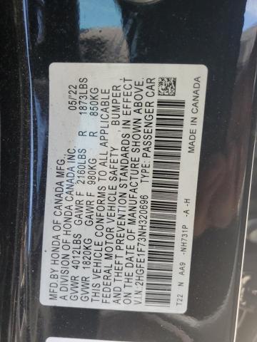 2HGFE1F73NH320696 - 2022 HONDA CIVIC EX BLACK photo 13