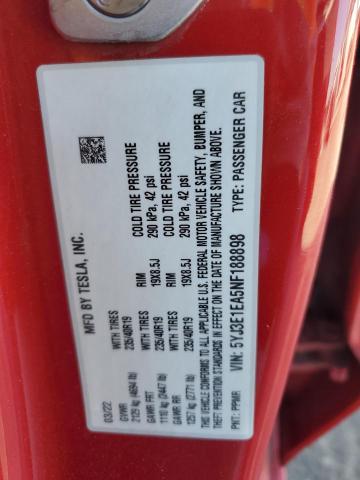 5YJ3E1EA5NF188898 - 2022 TESLA MODEL 3 RED photo 12