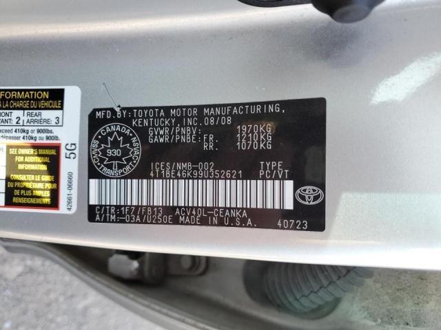 4T1BE46K99U352621 - 2009 TOYOTA CAMRY BASE GRAY photo 12