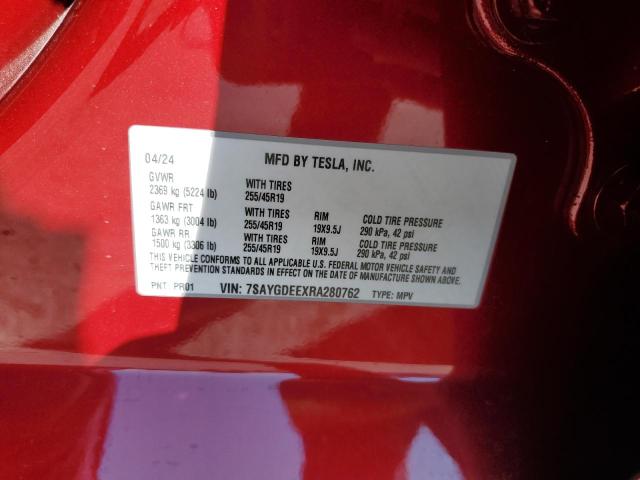 7SAYGDEEXRA280762 - 2024 TESLA MODEL Y RED photo 12