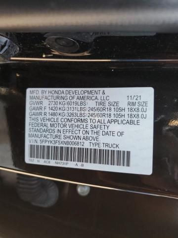 5FPYK3F5XNB006812 - 2022 HONDA RIDGELINE RTL შავი ფოტო 12