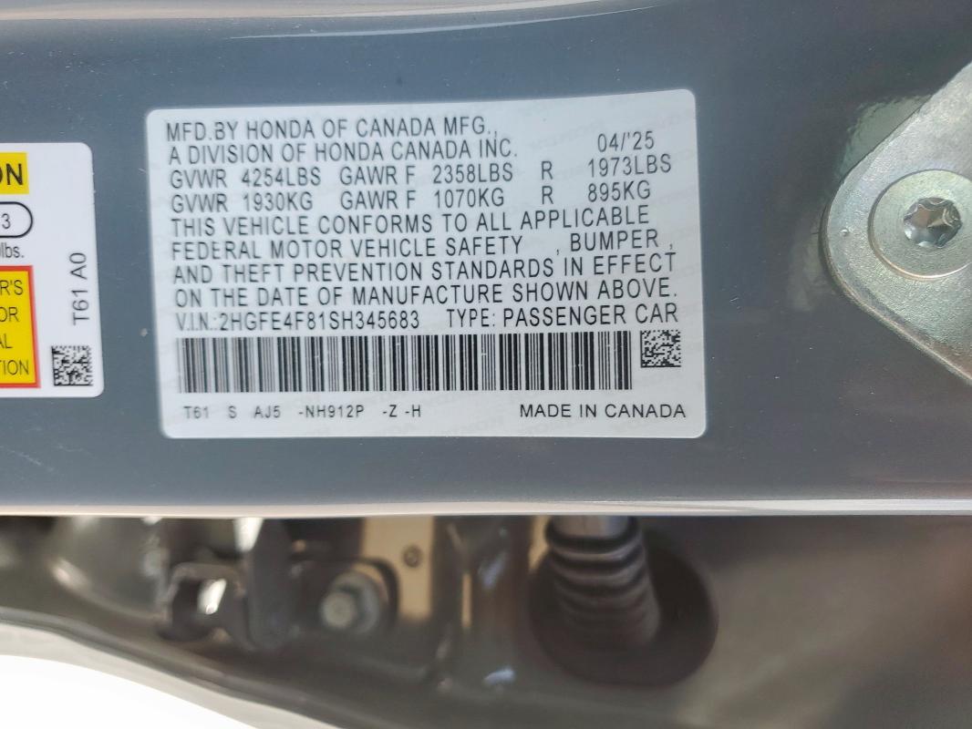 2HGFE4F81SH345683 - 2025 HONDA CIVIC SPORT GRAY photo 12