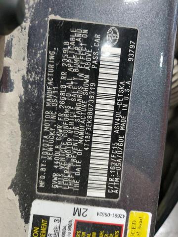 4T1BF3EK8BU739319 - 2011 TOYOTA CAMRY BASE GRAY photo 12
