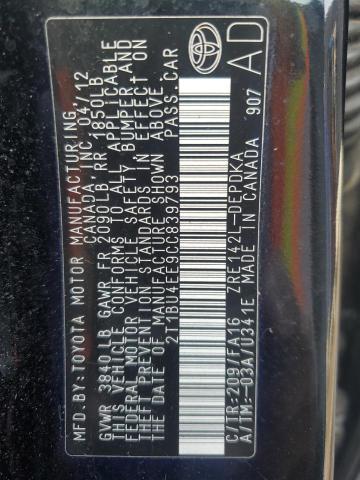 2T1BU4EE9CC839793 - 2012 TOYOTA COROLLA BASE 黑色 照片 13