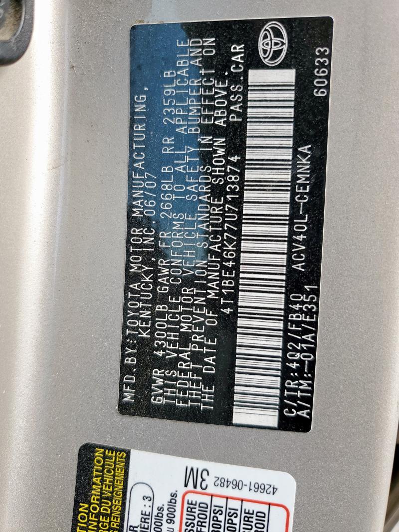 4T1BE46K77U713874 - 2007 TOYOTA CAMRY CE GOLD photo 12