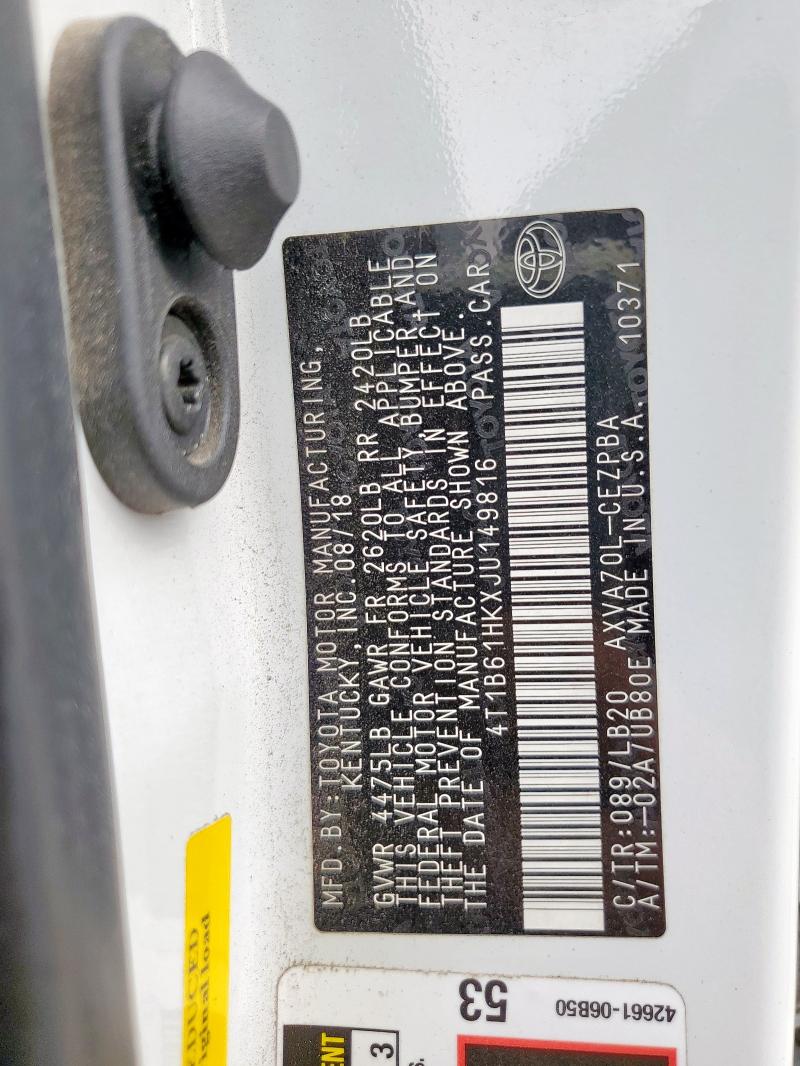 4T1B61HKXJU149816 - 2018 TOYOTA CAMRY XSE WHITE photo 13