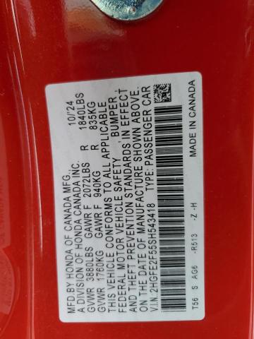 2HGFE2F55SH543418 - 2025 HONDA CIVIC SPORT 红色 照片 12