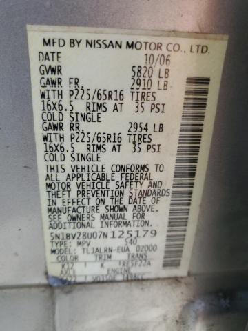 5N1BV28U07N125179 - 2007 NISSAN QUEST S GRAY photo 13