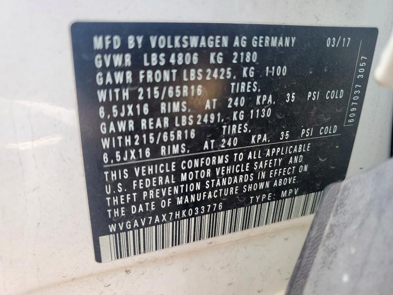 WVGAV7AX7HK033776 - 2017 VOLKSWAGEN TIGUAN S WHITE photo 13