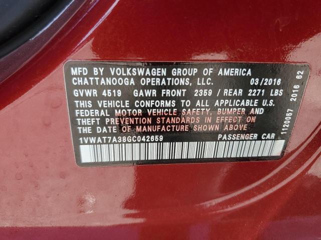 1VWAT7A38GC042659 - 2016 VOLKSWAGEN PASSAT S RED photo 12