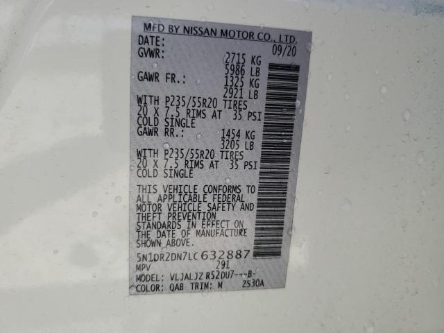 5N1DR2DN7LC632887 - 2020 NISSAN PATHFINDER PLATINUM თეთრი ფოტო 13