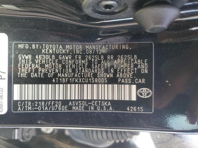 4T1BF1FKXCU158005 - 2012 TOYOTA CAMRY BASE BLACK photo 12