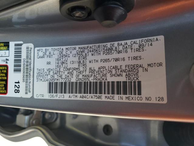 3TMJU4GN5FM177232 - 2015 TOYOTA TACOMA DOUBLE CAB PRERUNNER GRAY photo 12