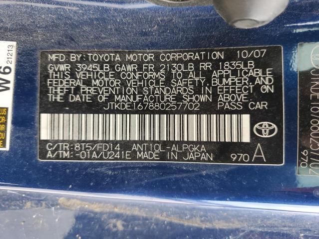 JTKDE167880257702 - 2008 TOYOTA SCION TC ლურჯი ფოტო 12