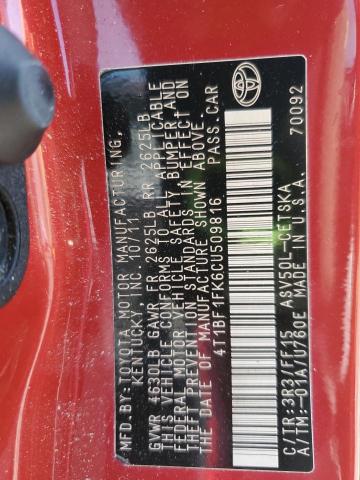 4T1BF1FK6CU509816 - 2012 TOYOTA CAMRY BASE RED photo 13