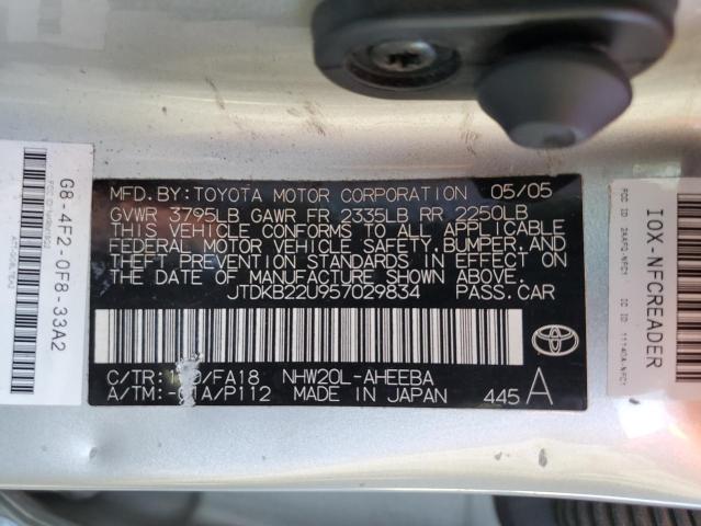 JTDKB22U957029834 - 2005 TOYOTA PRIUS SILVER photo 12