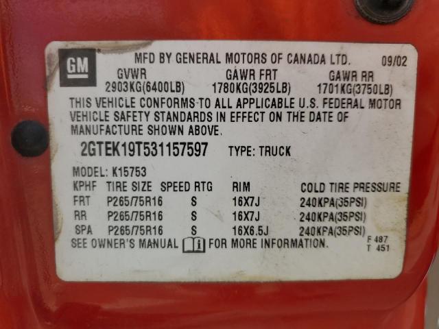 2GTEK19T531157597 - 2003 GMC NEW SIERRA K1500 RED photo 12