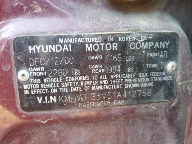 KMHWF35V51A412758 - 2001 HYUNDAI SONATA GLS MAROON photo 12