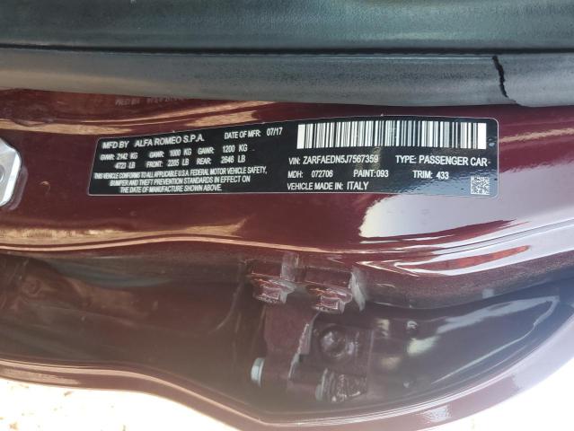 ZARFAEDN5J7567359 - 2018 ALFA ROMEO GIULIA Q4 ბურგუნდია ფოტო 13