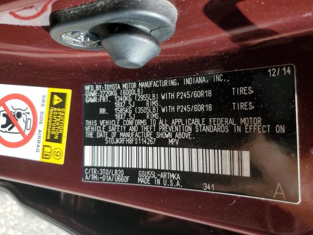 5TDJKRFH8FS114267 - 2015 TOYOTA HIGHLANDER XLE Қызыл фото 13