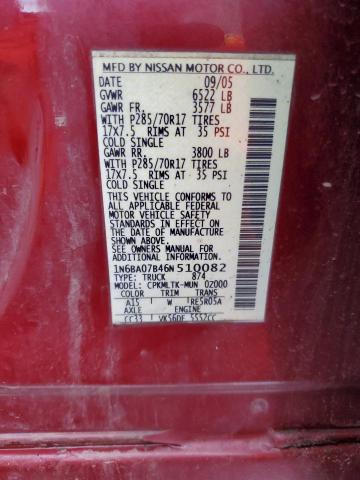 1N6BA07B46N510082 - 2006 NISSAN TITAN XE BURGUNDY photo 13