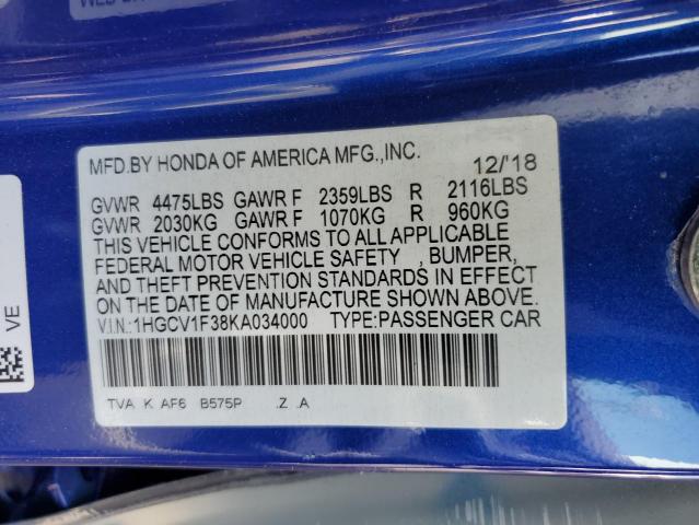 1HGCV1F38KA034000 - 2019 HONDA ACCORD SPORT أزرق صورة 12