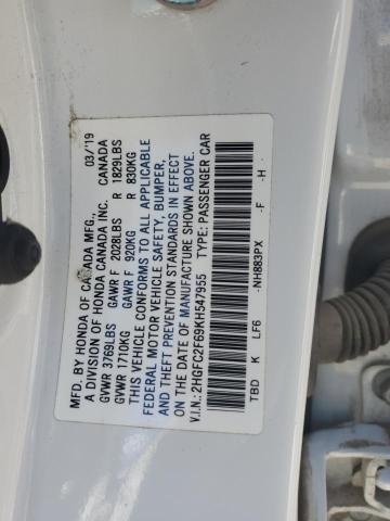 2HGFC2F69KH547955 - 2019 HONDA CIVIC LX WHITE photo 13