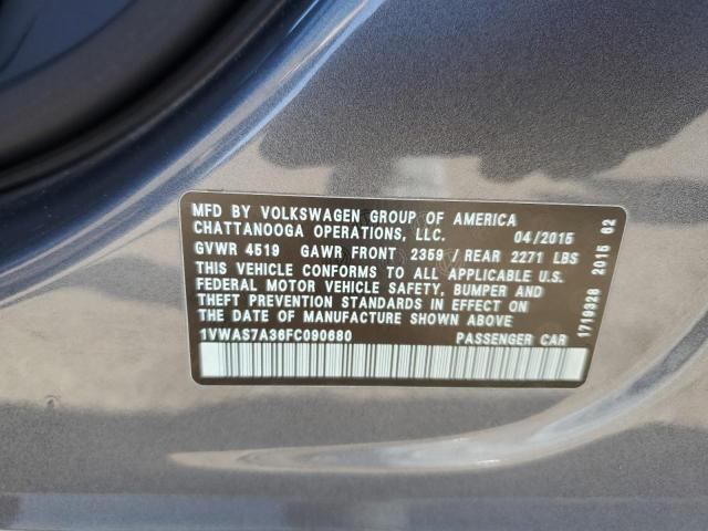 1VWAS7A36FC090680 - 2015 VOLKSWAGEN PASSAT S 灰色 照片 12