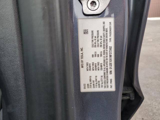 5YJ3E1EA1NF372462 - 2022 TESLA MODEL 3 GRAY photo 12