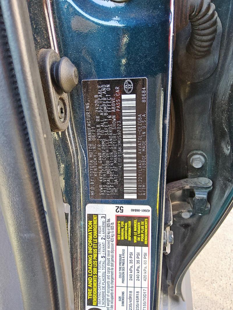 4T1F11AK3MU597023 - 2021 TOYOTA CAMRY XLE BLUE photo 13