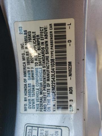 1HGEM22543L041038 - 2003 HONDA CIVIC LX ვერცხლისფერი ფოტო 12