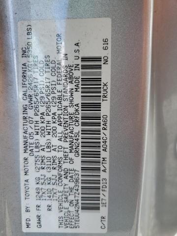 5TEUU42N47Z439637 - 2007 TOYOTA TACOMA ACCESS CAB ვერცხლისფერი ფოტო 12